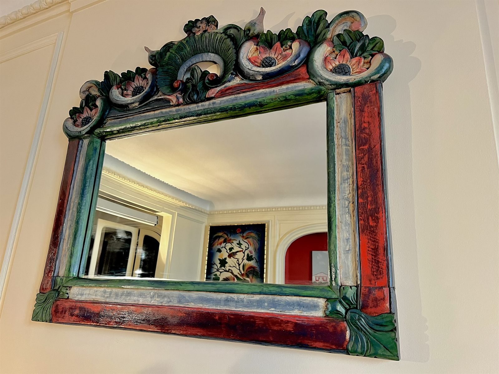 Miroir balinais sculpté et peint à la main – bois polychrome – 83 cm