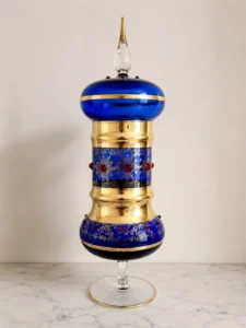 Grande bonbonnière en verre bleu cobalt doré Murano