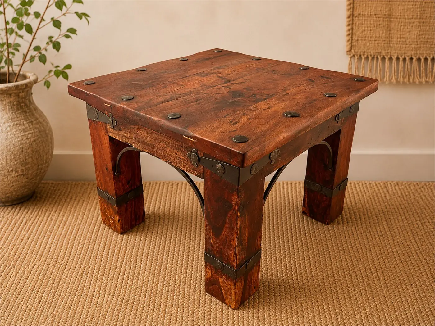 Table basse indienne en bois de sheesham patiné et ferrures – 60cm/60cm