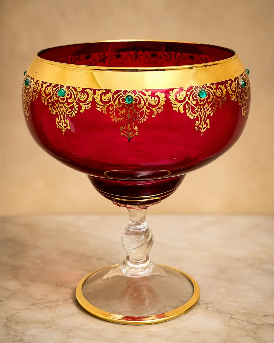 Grande coupe en verre rouge et dorure