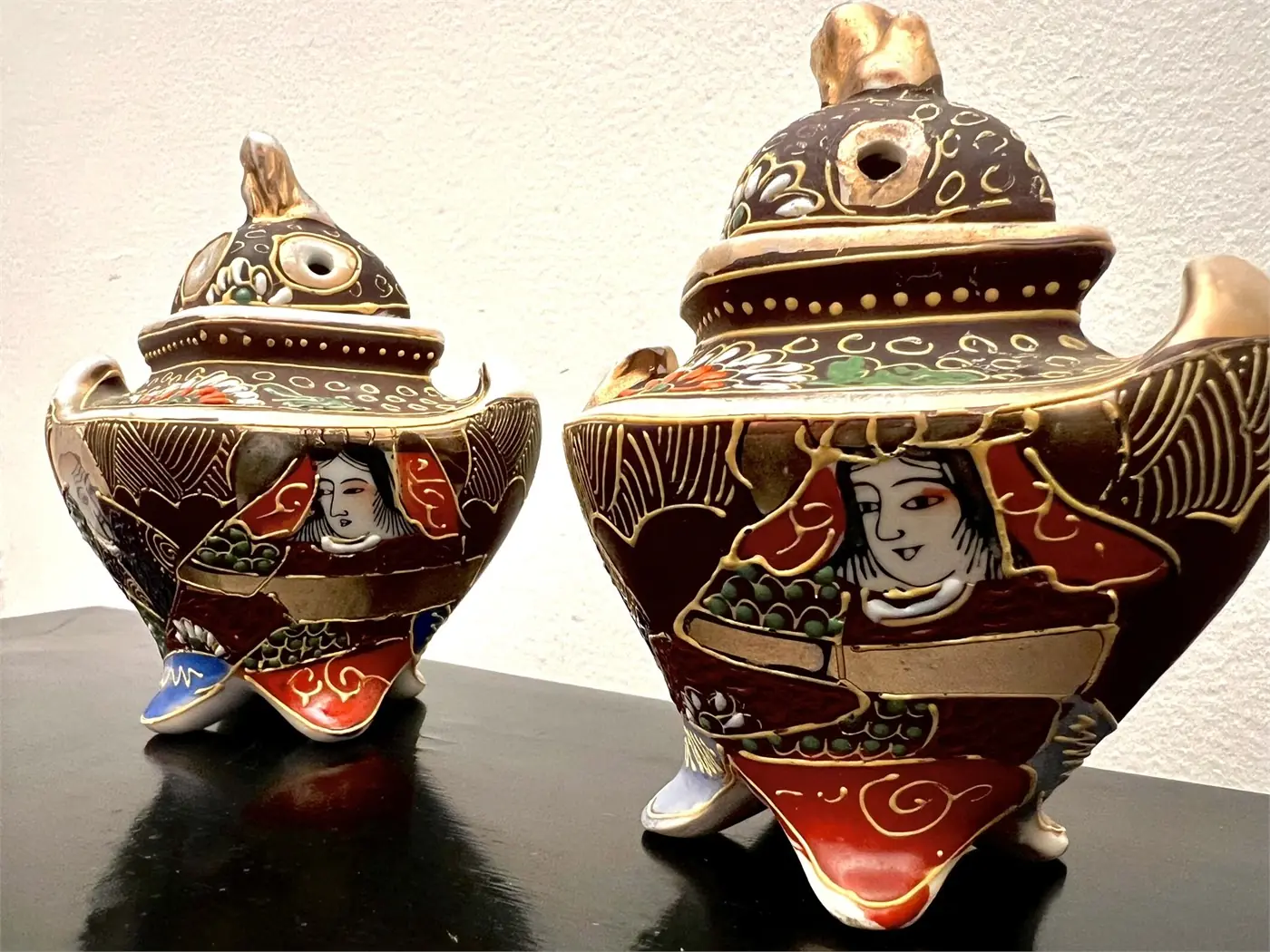 Paire de brûle-encens japonais – céramique émaillée – 10cm – Satsuma