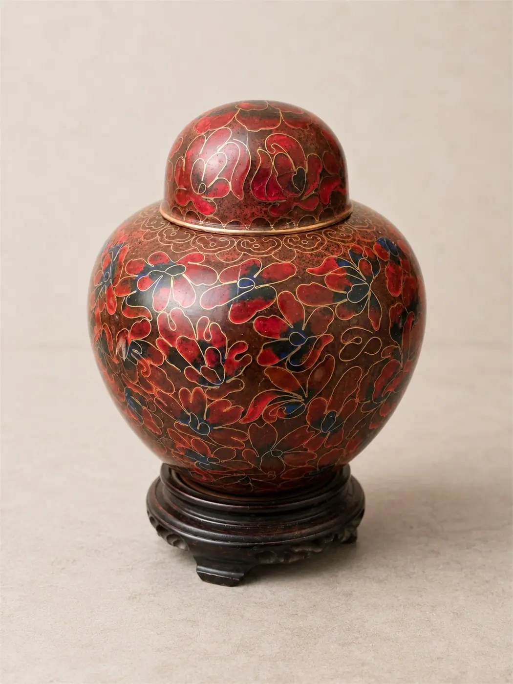Pot à gingembre chinois en émail cloisonné – décor floral rouge