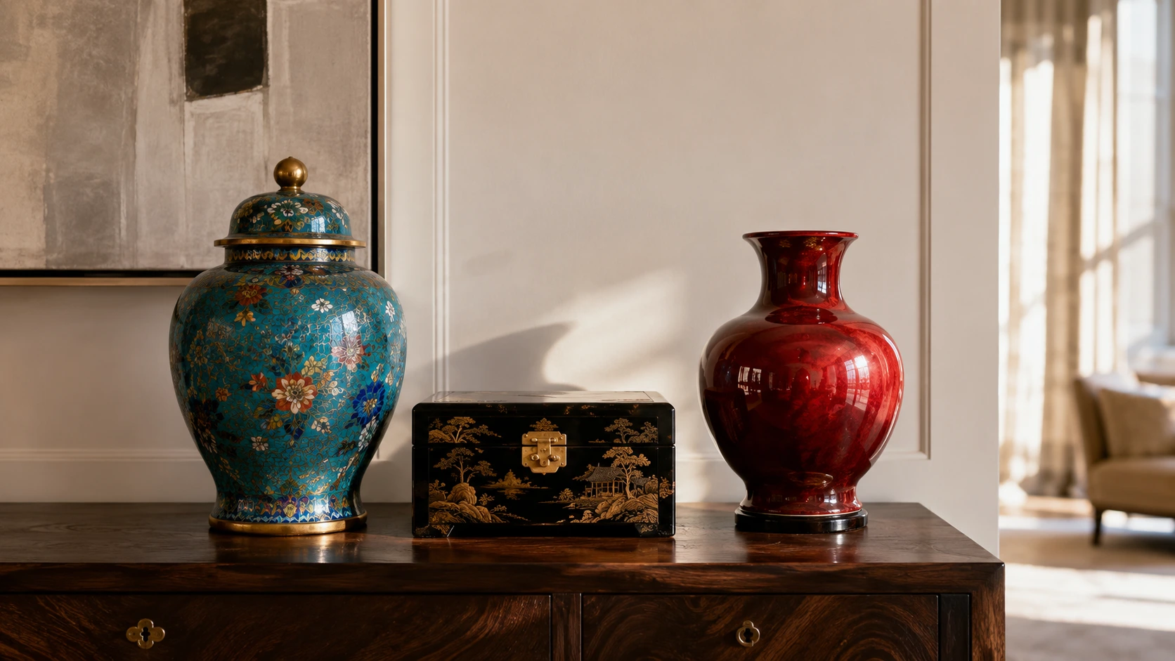 Objets décoratifs en émail et laque dans un intérieur lumineux