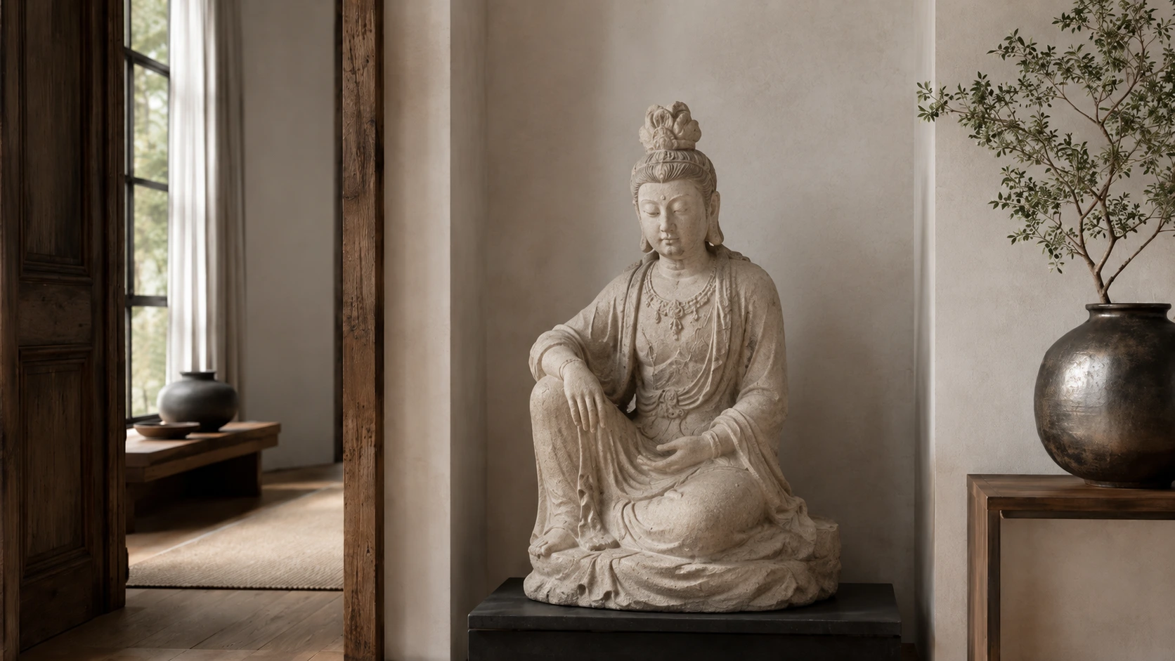 Figure asiatique sculptée mise en valeur dans un intérieur calme