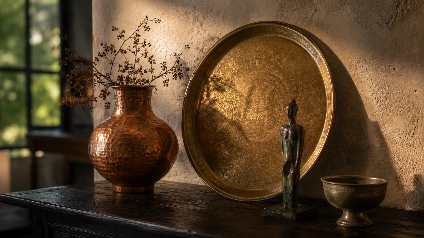 Objets en laiton, cuivre et bronze patiné sur une console