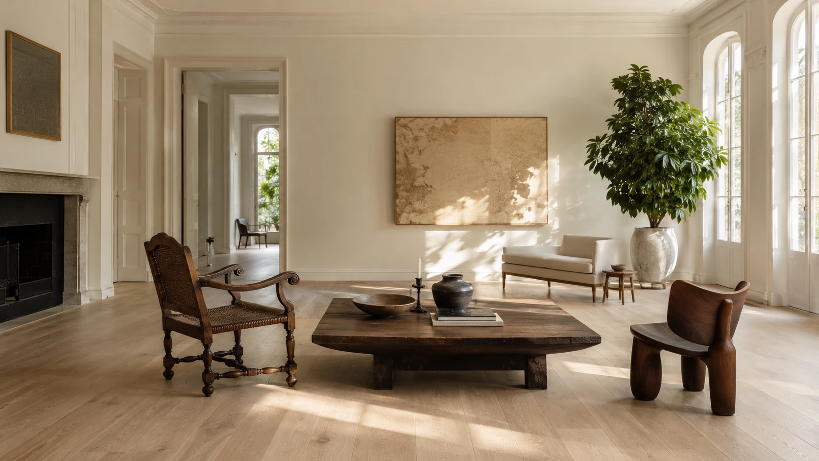 Fauteuil, table basse et mobilier ancien dans un salon lumineux