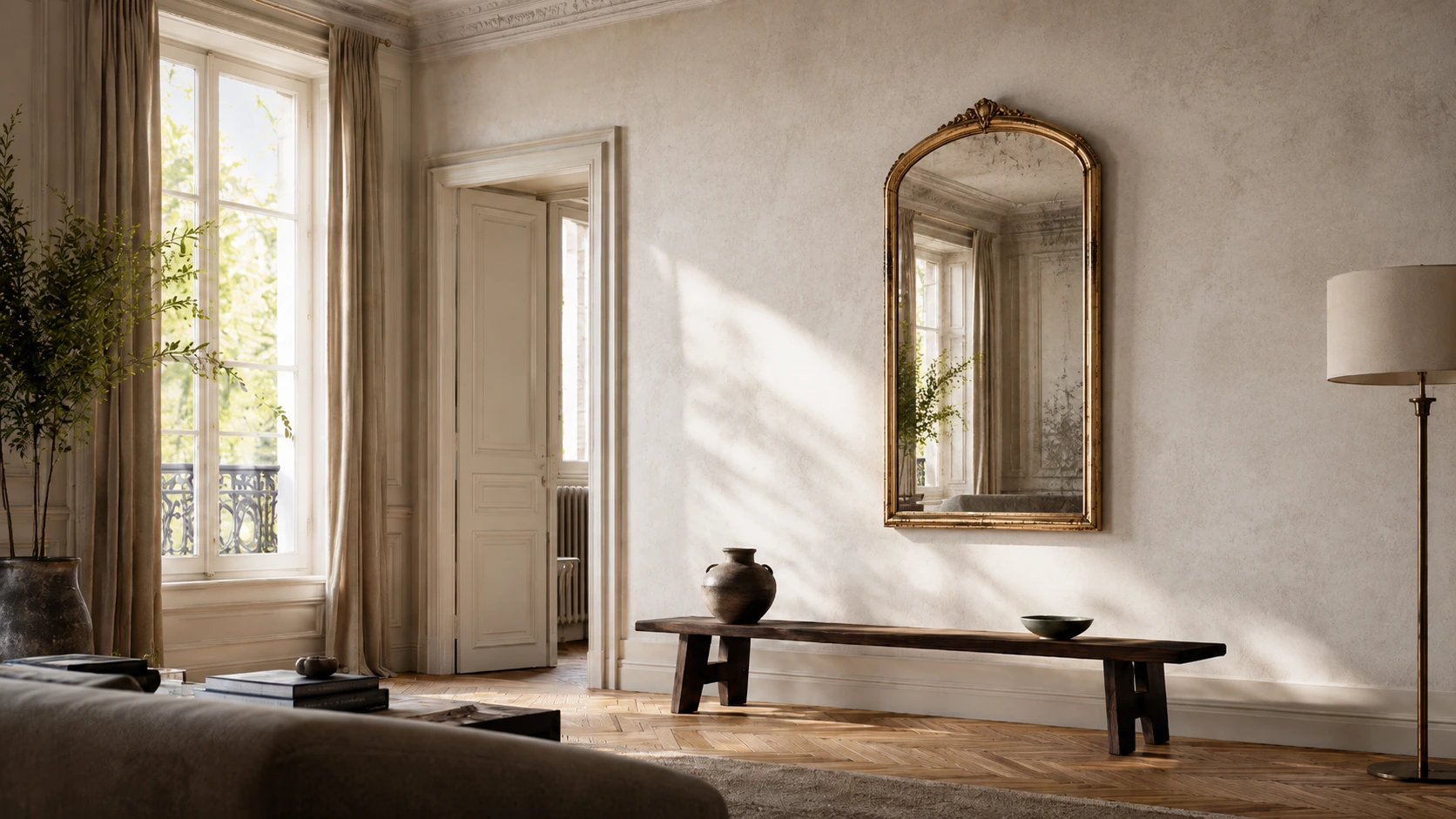 Miroir ancien et décor mural dans un intérieur lumineux