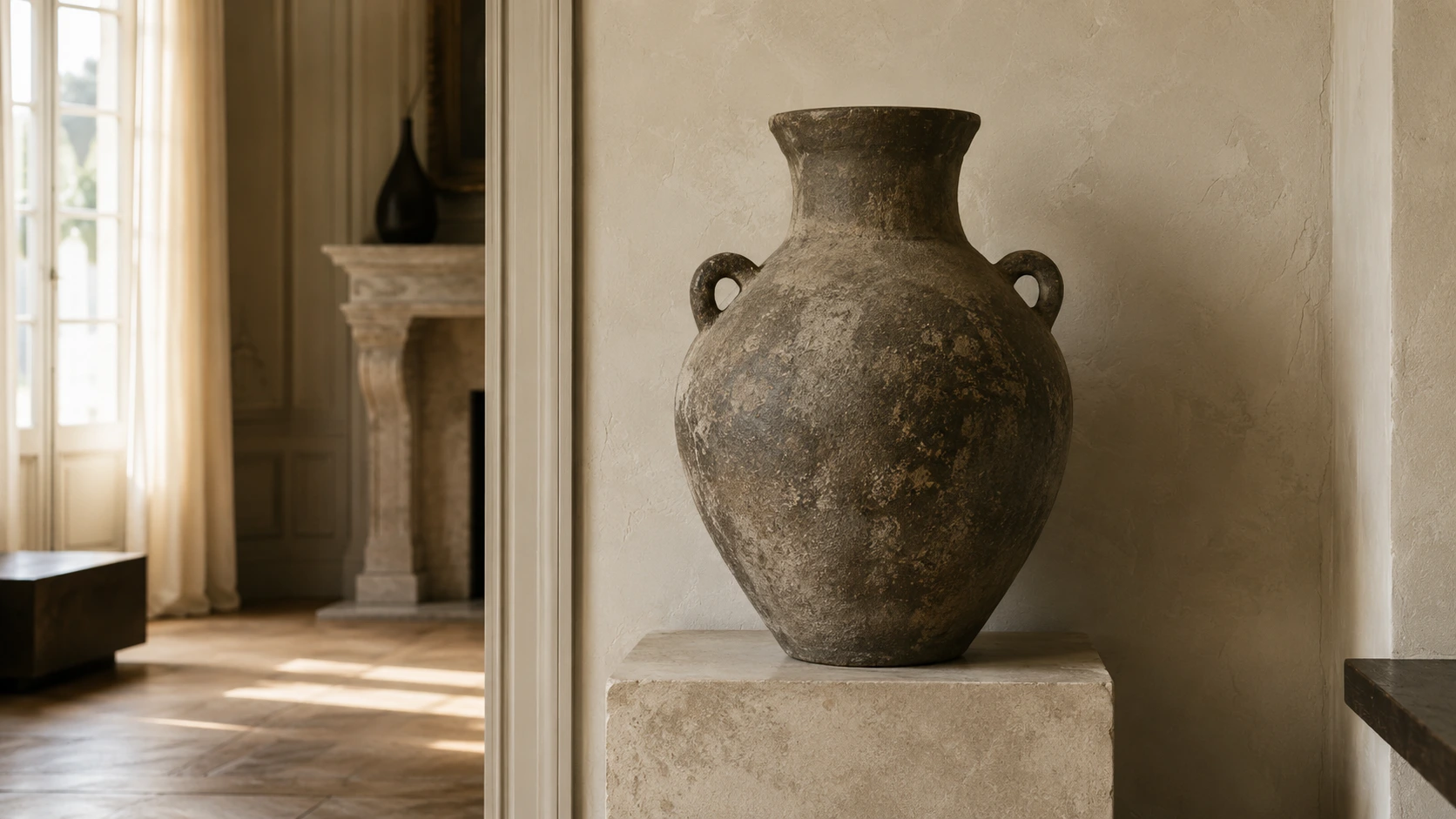 Grand objet ancien patiné mis en valeur dans un intérieur sobre
