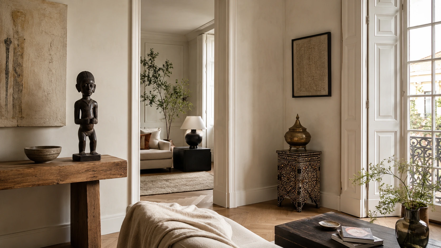 Objets artisanaux anciens intégrés dans un intérieur contemporain