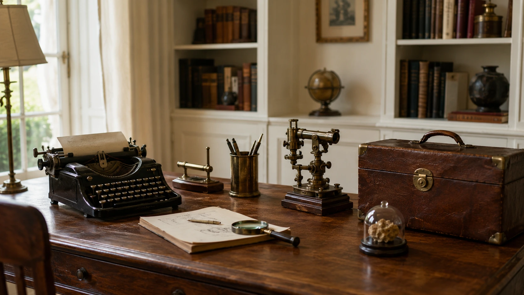 Objets anciens d’usage et curiosités dans un bureau élégant