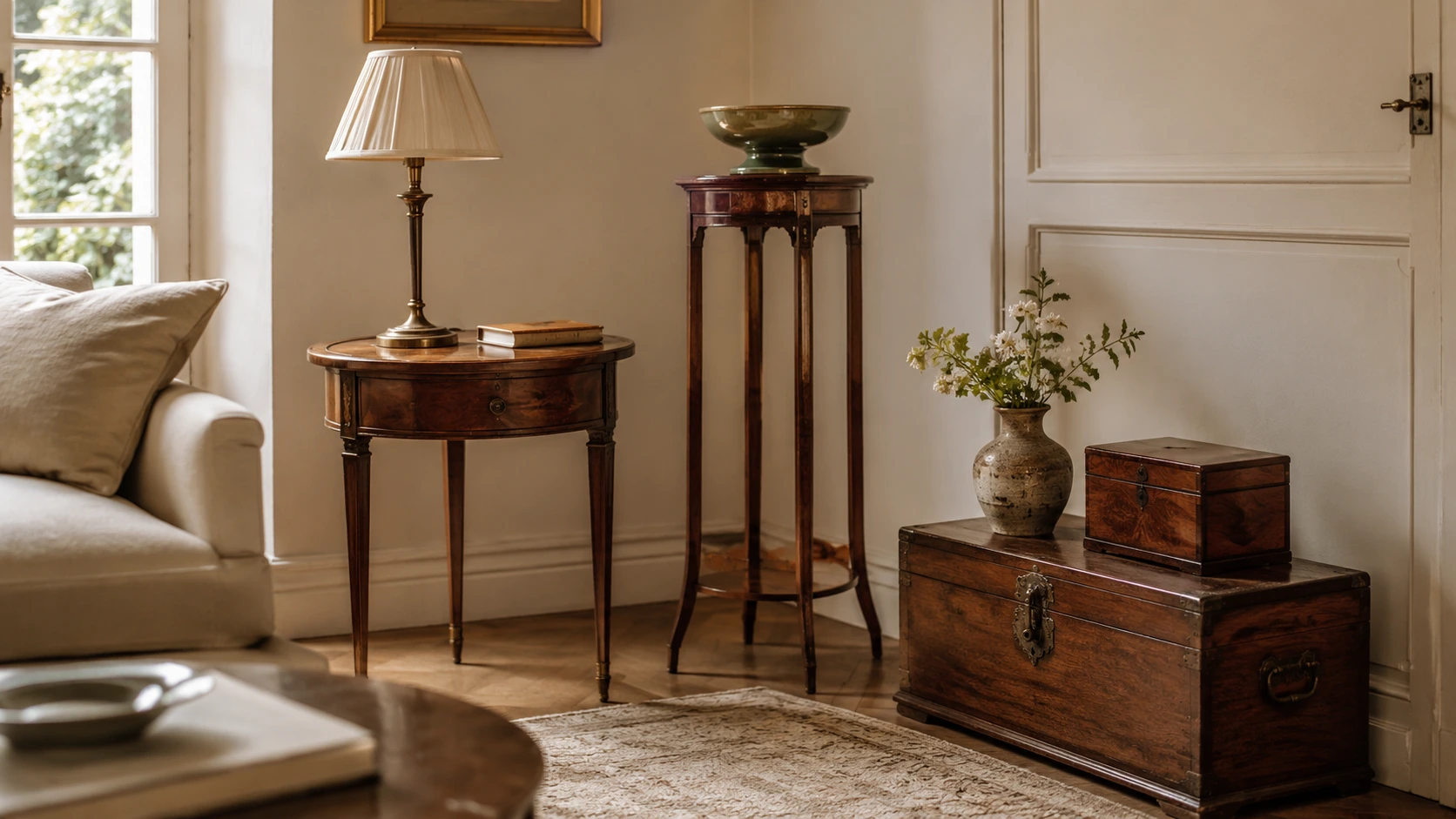 Petits meubles anciens disposés dans un intérieur chaleureux