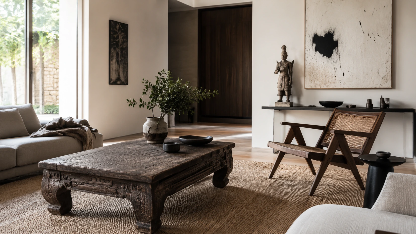 Pièce ancienne de caractère intégrée dans un intérieur contemporain
