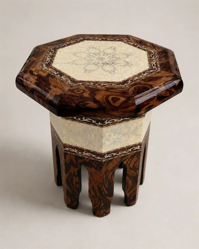 gueridon oriental octogonal en bois veine 05
