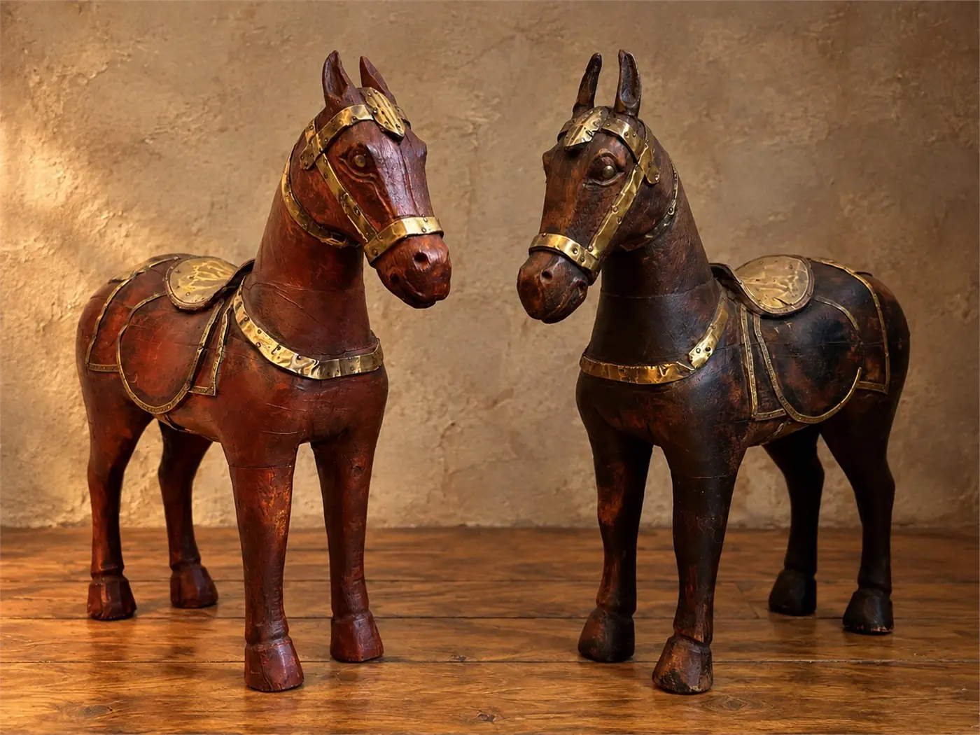 Paire de chevaux Marwari indiens anciens en bois et laiton 37 cm