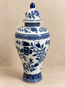 Grande potiche chinoise balustre couverte en porcelaine bleu et blanc – 49 cm