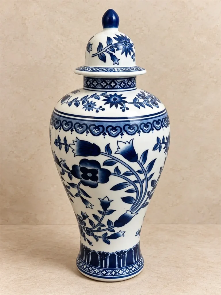 Grande potiche chinoise balustre couverte en porcelaine bleu et blanc – 49 cm